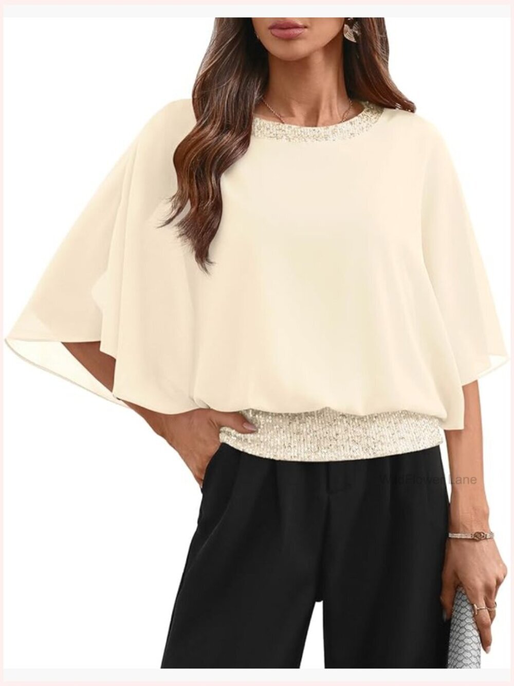 Women's Sparkle Sequin Crew Neck Top Batwing 3/4 Sleeve Chiffon Blouse Tunic